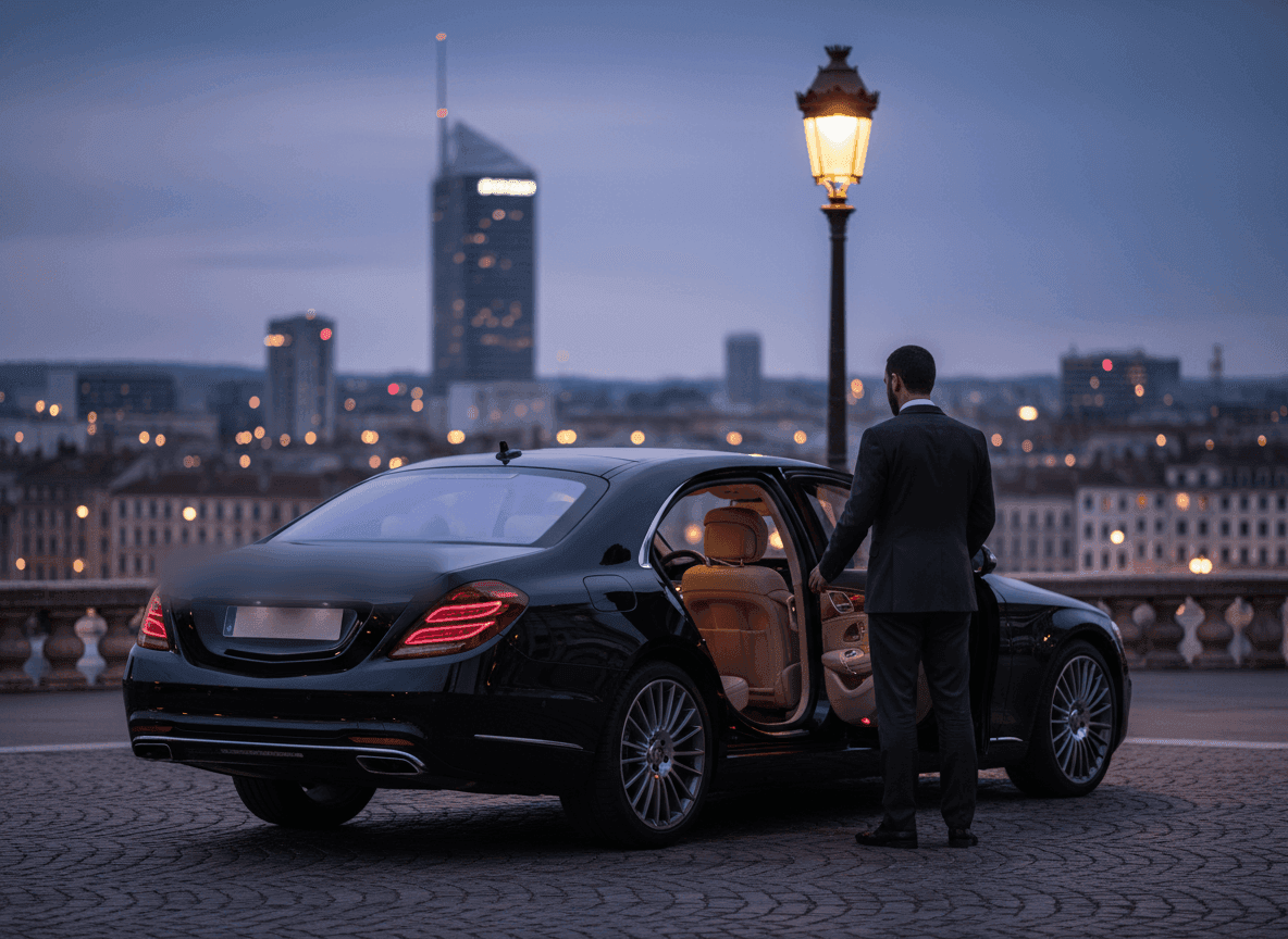 Chauffeur en costume ouvrant la portière arrière d'une berline, en soirée.