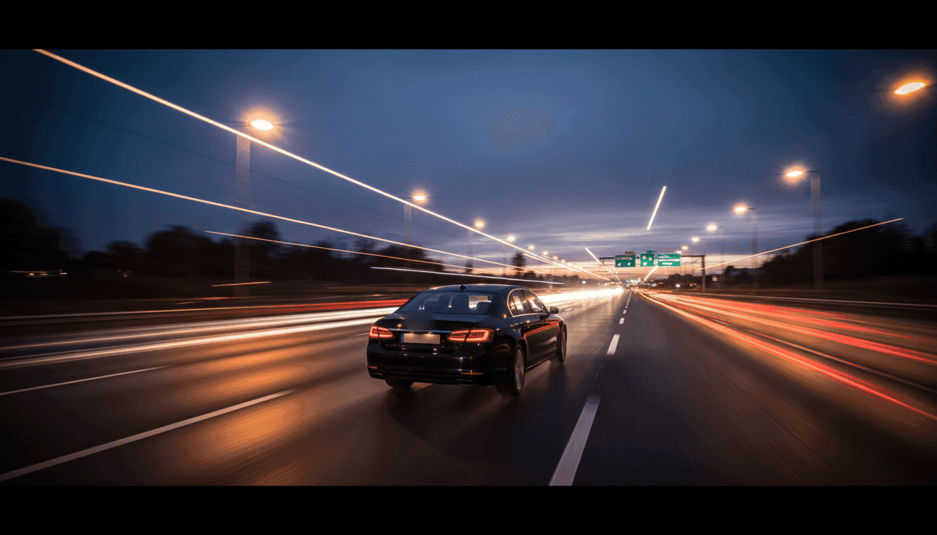 Berline roulant de nuit sur autoroute, traînées lumineuses des véhicules environnants.