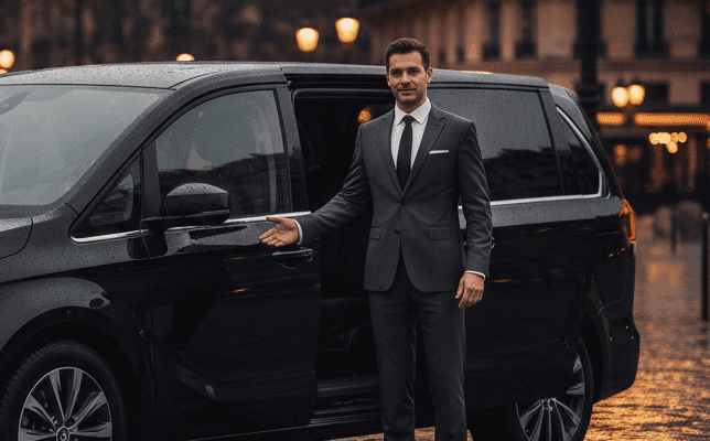 Chauffeur en costume ouvrant la portière d'un van, sur une place en soirée.